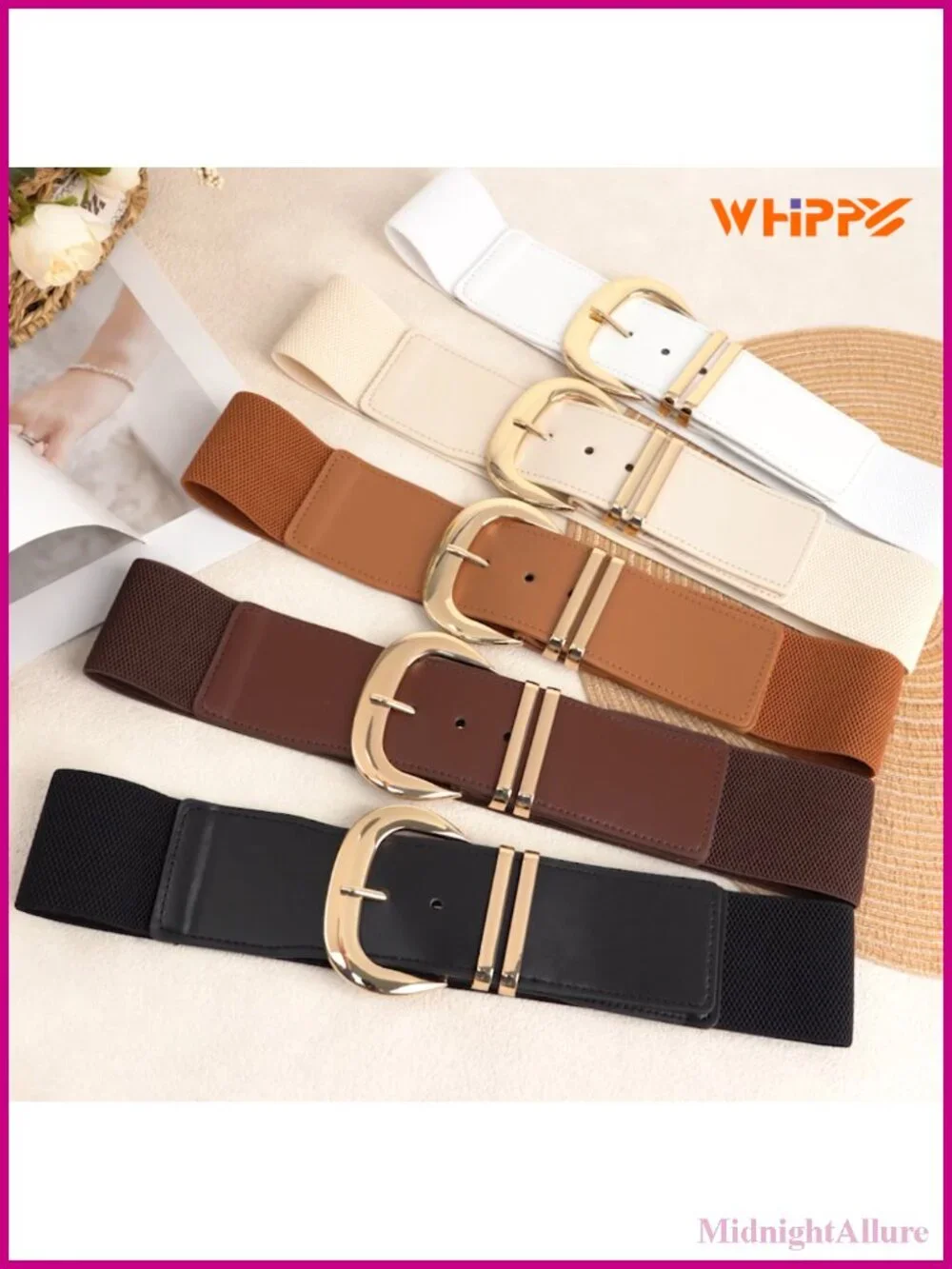 Wide Elastic Waist Belt for Dresses with Gold Buckle Stretchy PU Leather